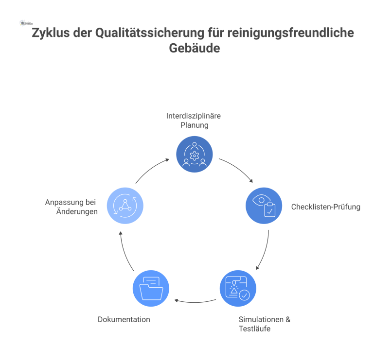 Prozessdiagramm, das den fünfstufigen Prozess der Qualitätssicherung für reinigungsfreundliche Gebäude von der Planung bis zur Anpassung visualisiert.