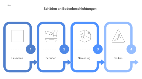 Infografik-Prozess über Schäden an Bodenbeschichtungen, von den Ursachen wie Feuchtigkeit über Schäden wie Haftverlust bis zur Sanierung. 