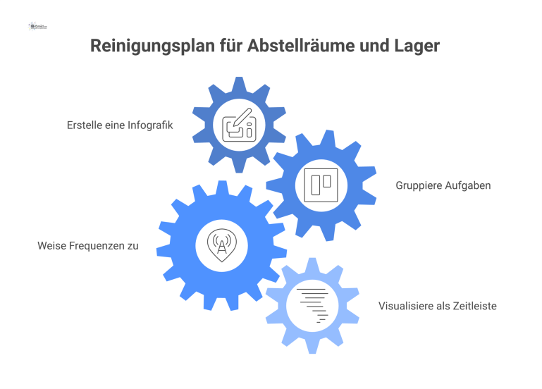 Infografik eines Reinigungsplans für Abstellräume, der Aufgaben nach Bereichen wie Boden und Wände gruppiert und die Reinigungsfrequenzen anzeigt.