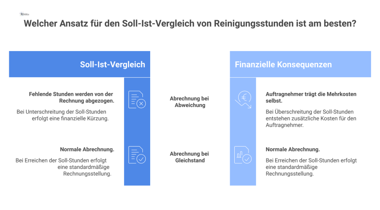 Flussdiagramm Soll-Ist-Vergleich Reinigungsstunden Flussdiagramm, das den monatlichen Soll-Ist-Vergleich von Reinigungsstunden und die finanziellen Konsequenzen für den Auftragnehmer bei Abweichungen zeigt.