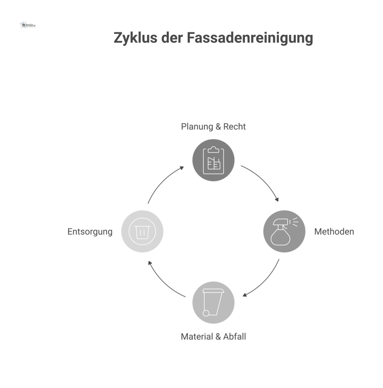Mindmap Prozess der Fassadenreinigung Eine Mindmap visualisiert den Prozess der Fassadenreinigung mit den vier Hauptästen Planung, Methoden, Material und Entsorgung.