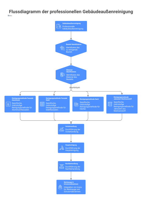  Ein technisches Flussdiagramm, das den mehrstufigen Prozess der professionellen Gebäudeaußenreinigung für verschiedene Materialien wie Aluminium und Stahl detailliert darstellt.
