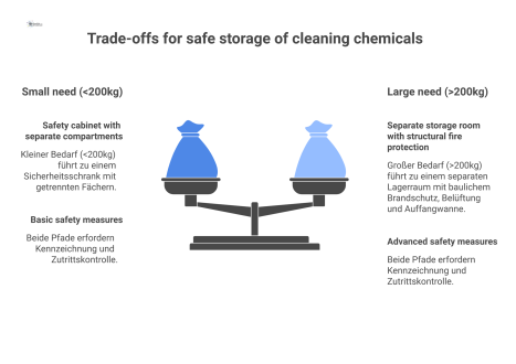 Isometrische Infografik eines idealen Lagerraums für Chemikalien mit beschrifteten Sicherheitsschränken, Belüftung, Feuerlöscher und persönlicher Schutzausrüstung.