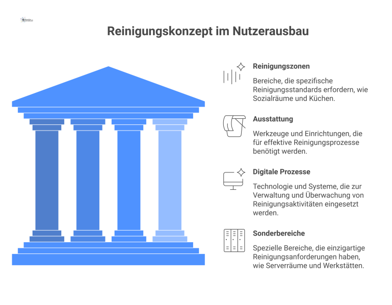Diagramm zum Reinigungskonzept mit den vier Hauptkategorien: Reinigungszonen, Ausstattung, digitale Prozesse und Sonderbereiche mit Beispielen und Icons. 