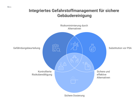  Infografik als Kreisprozess, der die fünf Schritte des Gefahrstoffmanagements zeigt: Gefährdungsbeurteilung, Substitution, sichere Dosierung, Unterweisung und Wirksamkeitskontrolle.
