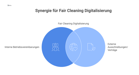 Diagramm eines Steuerungsrahmens für „Fair Cleaning Digitalisierung“, der sich in die Anwendungsbereiche interne Betriebsvereinbarungen und externe Ausschreibungen verzweigt. 