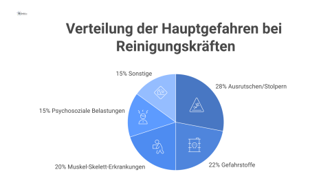  Infografik zu den Hauptgefahren für Reinigungskräfte wie Ausrutschen oder Gefahrstoffe sowie die drei Säulen der Prävention: Mensch, Technik, Organisation. 