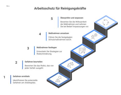Infografik zeigt ein Flussdiagramm zur Gefährdungsbeurteilung für Reinigungskräfte, umgeben von Icons für Gefahren wie Absturz und deren Schutzmaßnahmen. 