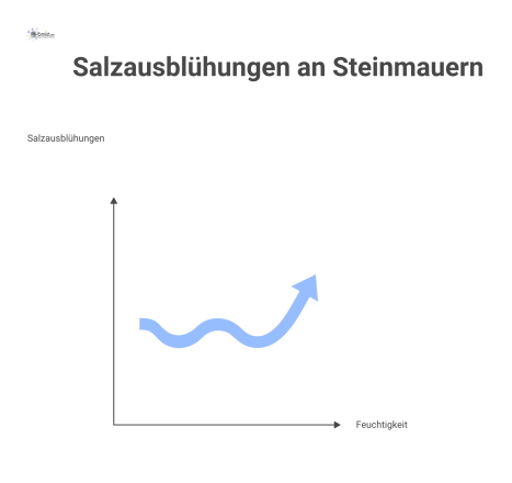  Diagramm im Querschnitt einer Steinmauer, das den Prozess der Ausblühung zeigt: Feuchtigkeit transportiert Salze kapillar nach oben, wo sie kristallisieren. 