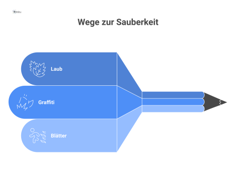  Infografik zur professionellen Außenreinigung, die Schmutzarten, Orte und die jeweils passenden Reinigungsgeräte wie Kehrmaschinen oder Hochdruckreiniger visualisiert.