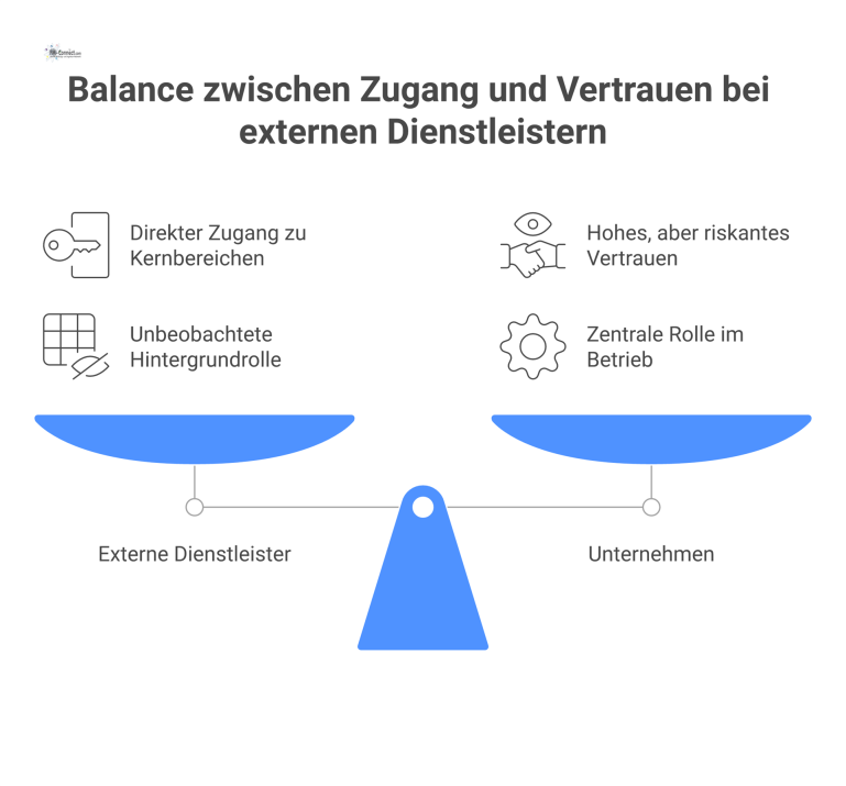 Diagramm von externen Dienstleistern mit Schlüsseln, die unbeobachtet Zugang zu sensiblen Unternehmensbereichen haben, was das hohe Vertrauensrisiko visualisiert.