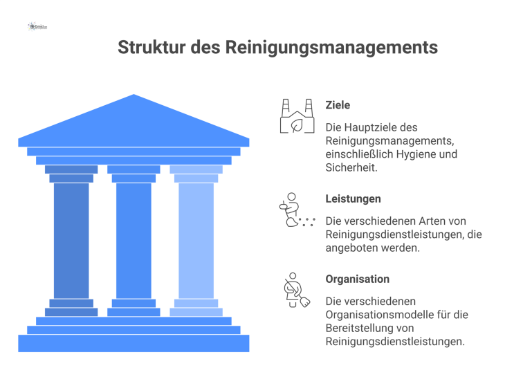  Eine Mindmap, die das Reinigungsmanagement mit den Hauptästen Ziele, Leistungen und Organisation sowie deren jeweiligen Unterpunkten darstellt.
