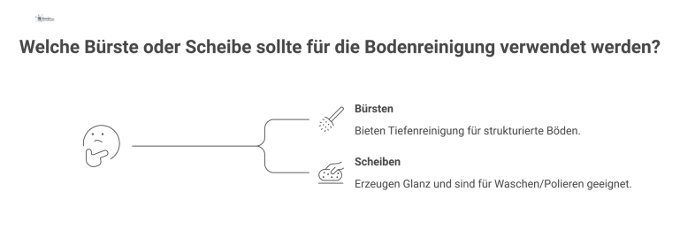 Entscheidungsbaum zur Auswahl von Bürsten und Scheiben für Reinigungsmaschinen, der die Anwendung für strukturierte Böden und Glanz sowie das Farbsystem erklärt.
