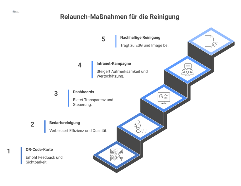 Diagramm, das fünf Relaunch-Maßnahmen für die Reinigung und deren direkten Nutzen darstellt, darunter QR-Code-Karten, Bedarfsreinigung und Dashboards.