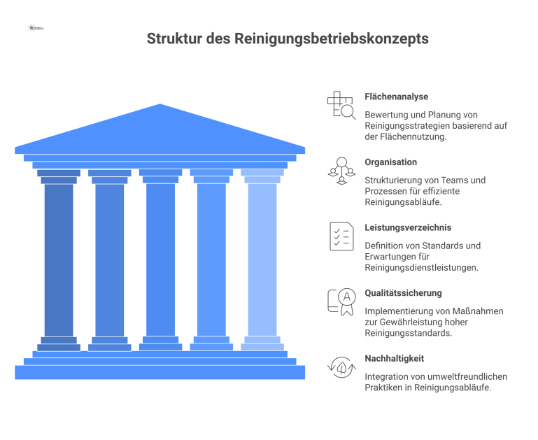 Mindmap zu einem Reinigungsbetriebskonzept mit den fünf Hauptästen Flächenanalyse, Organisation, Leistungsverzeichnis, Qualitätssicherung und Nachhaltigkeit, jeweils mit passendem Icon.