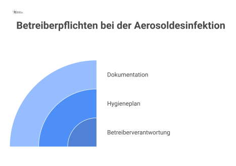  Infografik zu den drei Säulen der Betreiberpflichten bei Aerosoldesinfektion: Betreiberverantwortung, Erstellung eines Hygieneplans und lückenlose Dokumentation aller Maßnahmen.
