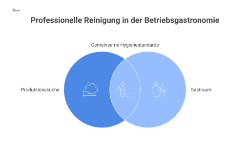  Infografik, die die intensive Reinigung der Produktionsküche mit Hochdruck- und Dampfreinigern der leichteren Reinigung des Gastraums gegenüberstellt.