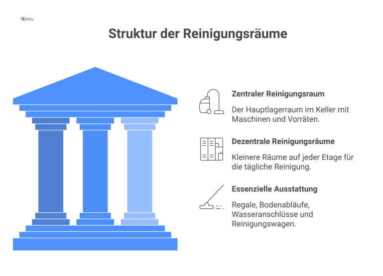 Struktur der Reinigungsräume im Gebäude Infografik der Reinigungsraumstruktur, die einen zentralen Kellerraum und dezentrale Etagenräume mit ihrer wesentlichen Ausstattung wie Regalen zeigt.