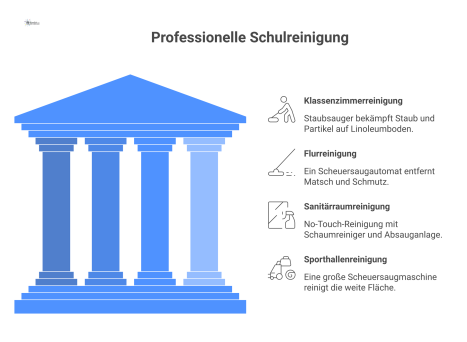 Infografik zur Schulreinigung, die vier Bereiche zeigt: Klassenzimmer, Flur, Sanitärraum und Sporthalle mit den jeweiligen Reinigungsgeräten.