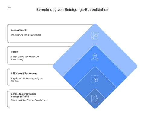 Infografik zur Berechnung von Reinigungsflächen, ausgehend vom Grundriss bis zur abrechenbaren Fläche unter Berücksichtigung von Aussparungen.