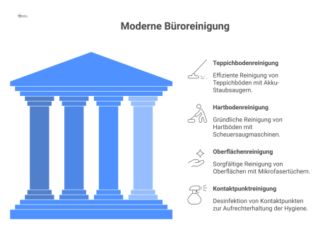  Infografik eines Bürogebäudes im Querschnitt mit vier Reinigungszonen und den zugeordneten, effizienten Reinigungstechniken, dargestellt durch Piktogramme.