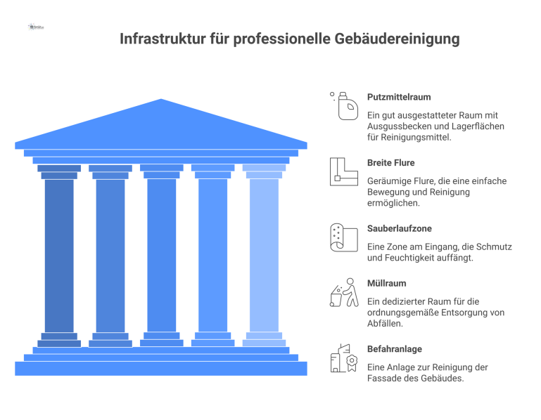  Isometrischer Querschnitt eines Bürogebäudes als technische Zeichnung, der die Infrastruktur für das professionelle Reinigungsmanagement mit Piktogrammen visualisiert.