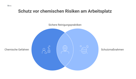  Infografik zeigt eine Reinigungskraft, umgeben von Icons: links chemische Gefahren für Haut, Lunge, Augen, rechts Schutzmaßnahmen wie Handschuhe.