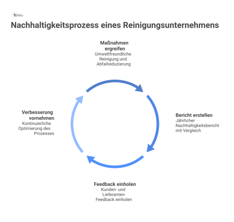 Kreislaufdiagramm des Nachhaltigkeitsprozesses eines Reinigungsunternehmens mit den vier Schritten: Maßnahmen, Bericht, Feedback und Verbesserung gemäß CSRD-Richtlinie.