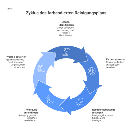  Diagramm eines farbcodierten Reinigungsplans, das Zonen wie Kantine und Büros nach ihrer Reinigungsfrequenz von intensiv bis moderat visualisiert. 