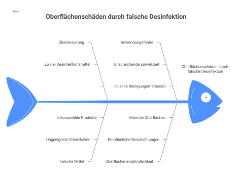 Infografik zeigt Oberflächenschäden durch falsche Desinfektion im Vorher-Nachher-Vergleich: eine intakte Oberfläche gegenüber einer matten, rissigen und fleckigen.