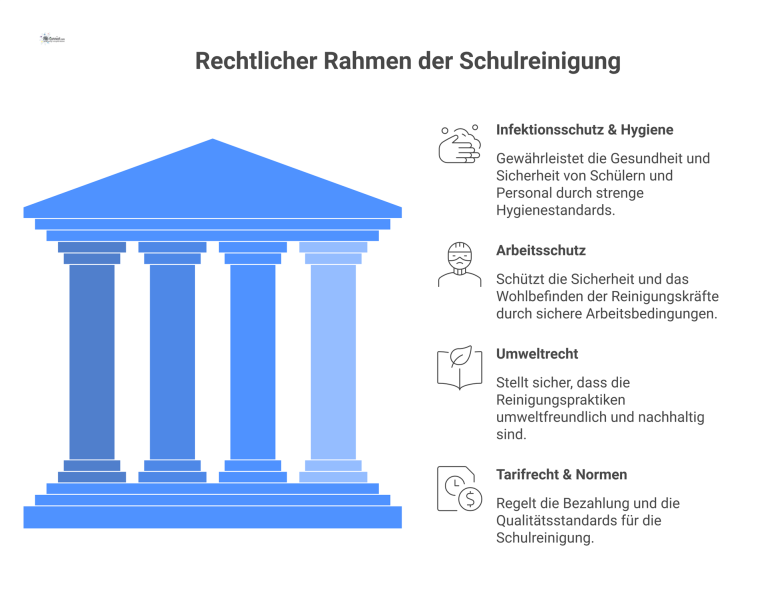 Rechtlicher Rahmen der Schulreinigung in Deutschland Ein Übersichtsdiagramm zum rechtlichen Rahmen der Schulreinigung, das die vier Hauptbereiche Infektionsschutz, Arbeitsschutz, Umweltrecht und Tarifrecht visualisiert.