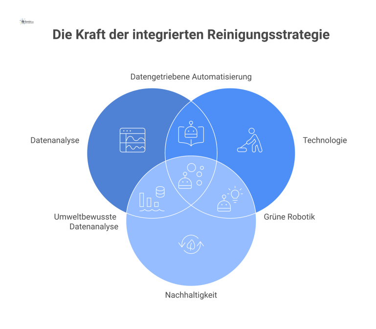 Infografik zu optimiertem Reinigungsmanagement mit den Hauptbereichen Datenanalyse, Technik, Nachhaltigkeit, Qualitätssicherung und gezieltem Einsatz.