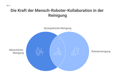 Infografik zeigt einen Cobot, der den Boden reinigt, während eine Reinigungskraft parallel filigrane Aufgaben wie das Wischen von Tischen erledigt.