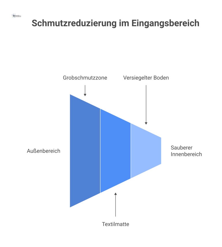 Optimaler Eingangsbereich zur Schmutzreduzierung Infografik eines optimalen Eingangsbereichs als Querschnitt, der außen ein Schmutzfanggitter und innen eine Textilmatte zur Schmutzreduzierung zeigt.