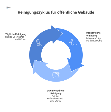 Diagramm eines Reinigungsplans für öffentliche Gebäude, das Aufgaben übersichtlich nach täglicher, wöchentlicher und zweimal monatlicher Frequenz kategorisiert darstellt.