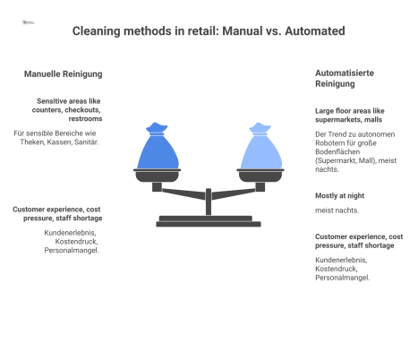 Infografik, die manuelle Reinigung für sensible Bereiche der automatisierten Reinigung durch Roboter für große Flächen im Einzelhandel gegenüberstellt.
