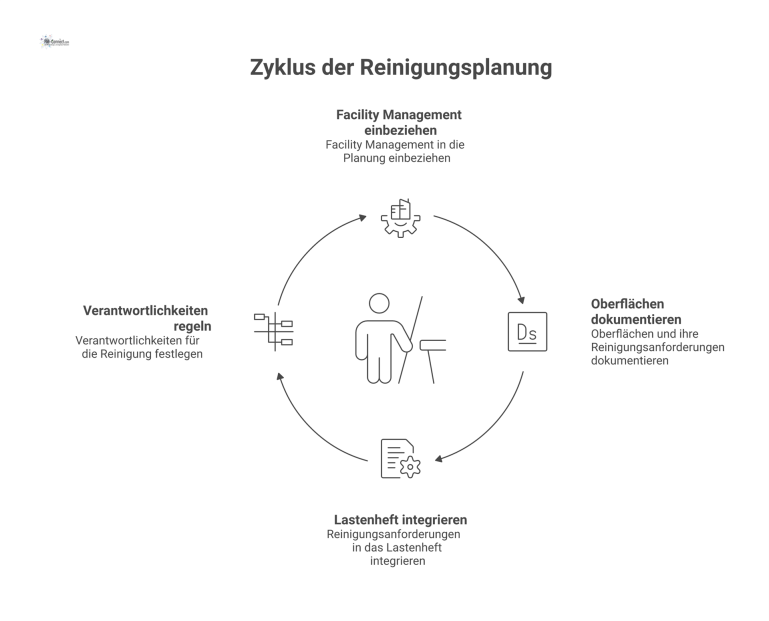  Infografik zum Reinigungsplanungsprozess mit einer zentralen Abgrenzungsmatrix und Symbolen für die einzelnen Prozessschritte.