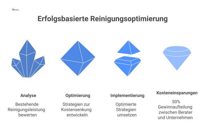 Infografik zur erfolgsbasierten Reinigungsoptimierung Infografik zur Reinigungsoptimierung, die den Prozess von Analyse bis Kostensenkung sowie die 50%-Gewinnaufteilung der Einsparungen visualisiert.