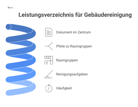 Diagramm eines Leistungsverzeichnisses für Gebäudereinigung, das von einem zentralen Dokument zu Raumgruppen verzweigt, welche Reinigungsaufgaben und deren Häufigkeit auflisten.