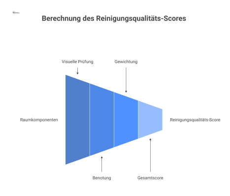  Infografik, die den Fehler-Algorithmus zur Bewertung von Reinigungsqualität darstellt. Vier Raumkomponenten werden visuell geprüft, benotet und gewichtet, um einen Gesamtscore zu berechnen.