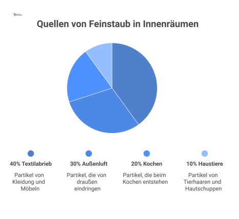  Infografik über Feinstaubquellen in Räumen, das Eindringen von Partikeln in die Lunge und Lösungen wie HEPA-Staubsauger und Mikrofasertücher.