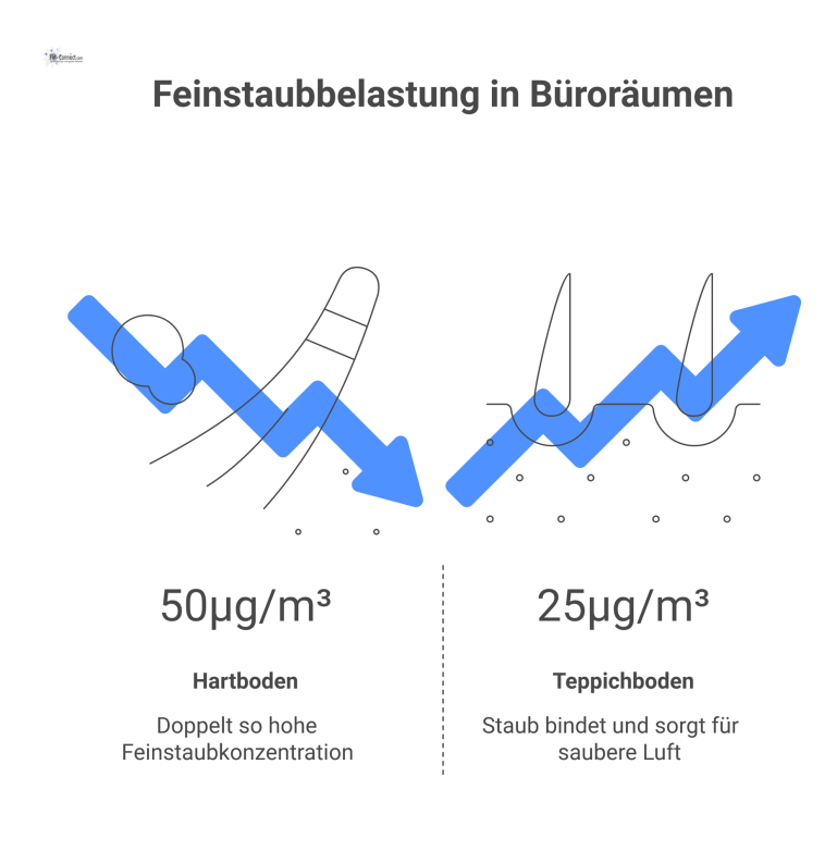 Vergleich der Feinstaubbelastung in Büroräumen Infografik, die zwei Büroräume vergleicht: Ein Raum mit Hartboden und hoher Feinstaubkonzentration in der Luft, gegenüber einem Raum mit Teppichboden.