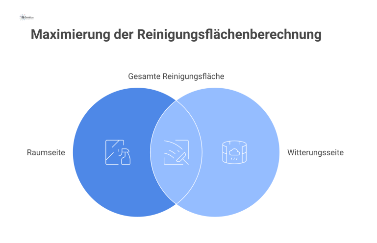 Infografik zur Berechnung von Reinigungsflächen Infografik zeigt einen Fensterquerschnitt zur Berechnung der Reinigungsfläche basierend auf dem lichten Rohbaumaß, inklusive Rahmen und beidseitiger Reinigung.