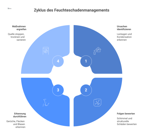  Infografik-Diagramm über Feuchteschäden, das die vier Bereiche Ursachen, Folgen, Erkennung und Maßnahmen mit Icons und Stichpunkten darstellt. 