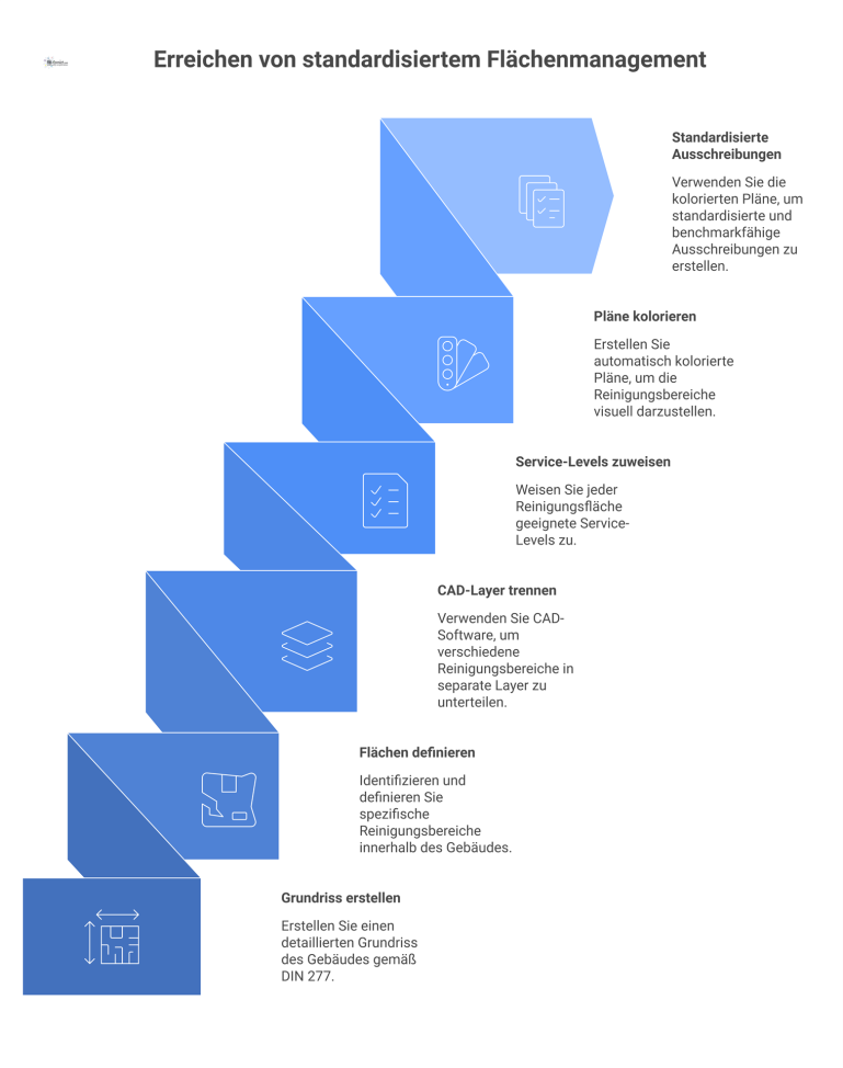 Flussdiagramm Flächenmanagement Gebäudereinigung Flussdiagramm zum Flächenmanagement für Gebäudereinigung, beginnend beim Grundriss, über die Definition von Reinigungsflächen bis hin zu kolorierten Plänen.