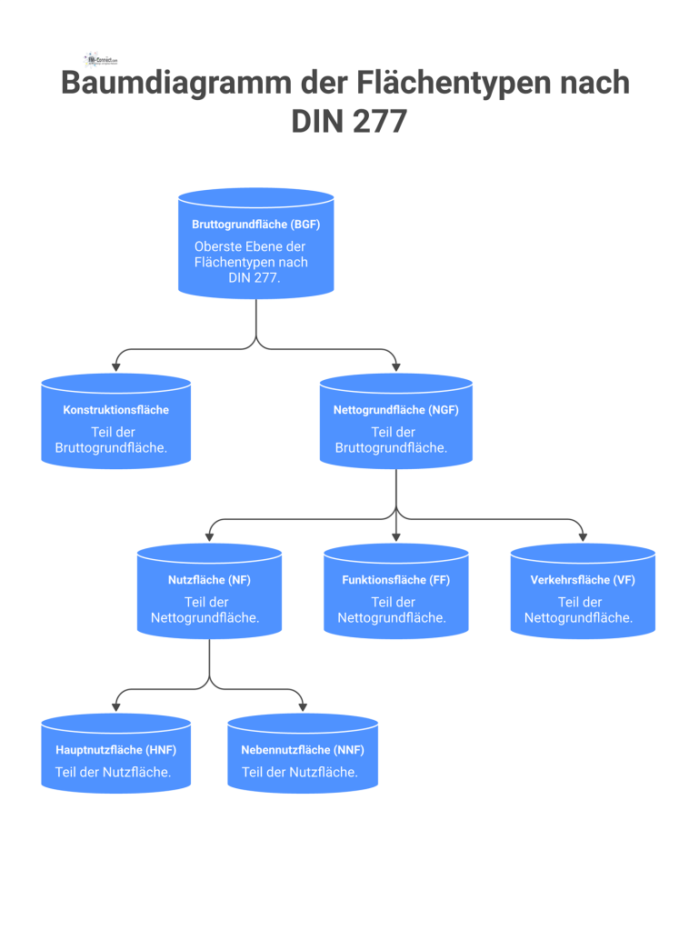 Hierarchisches Baumdiagramm, das die Aufteilung der Flächentypen nach DIN 277 von der Bruttogrundfläche bis zur Haupt- und Nebennutzfläche zeigt.