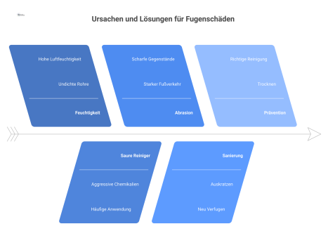  Ein Ursache-Wirkungs-Diagramm zu Fugenschäden. Im Zentrum eine beschädigte Fuge, umgeben von Ursachen wie Feuchtigkeit und Lösungen wie Sanierung. 