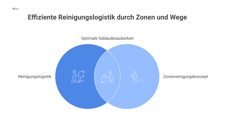 Infografik zur Reinigungslogistik im Gebäude Querschnitt eines modernen Gebäudes, der die Reinigungslogistik mit Putzmittelraum, Müllabwurfschächten, Reinigungswegen und 3-Zonen-Konzept darstellt.