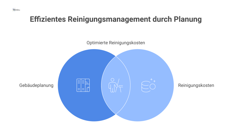 Gebäudeplanung senkt Reinigungskosten Infografik zu den Schlüsselfaktoren der Gebäudeplanung zur Senkung von Reinigungskosten, wie Eingangsbereiche, Bodenbeläge und Reinigungsräume.