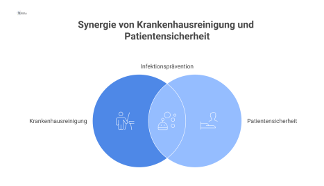 Infografik zur Krankenhausreinigung mit Bereichen wie OP-Saal, Personal, farbcodierten Utensilien, Herausforderungen und neuen Technologien wie UVC-Robotern.